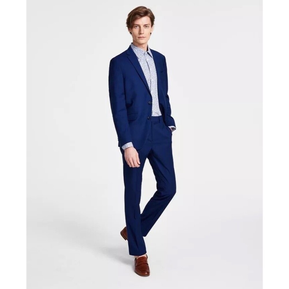 $495 NEW KENNETH COLE Mens 36S Blue Check 2 Piece Suit With Dress Pants 29x29